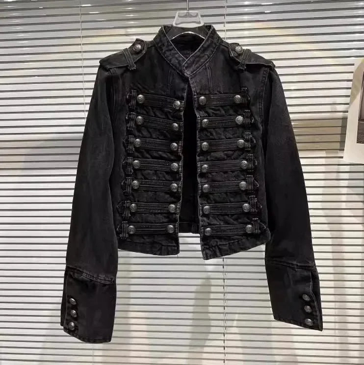 Spring Autumn Vintage Blue Slim Short Jeans Jacket Women Stand Collar Multi-breasted Design Long Sleeve Denim Jacket Streetwear