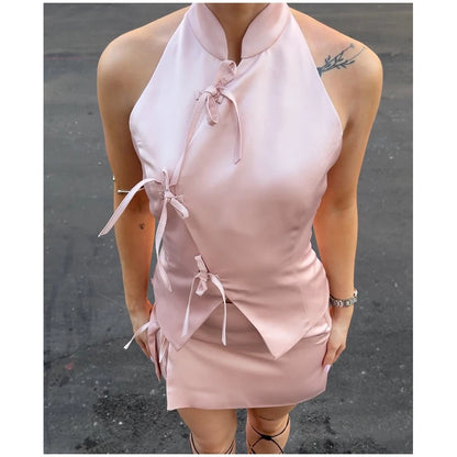 Women Green Bowknot Wide-leg Pant Suits Chic Solid Sleeveless Lace Up Slim Fit Long Pant Sets 2026 Lady Daily Street Outfits New