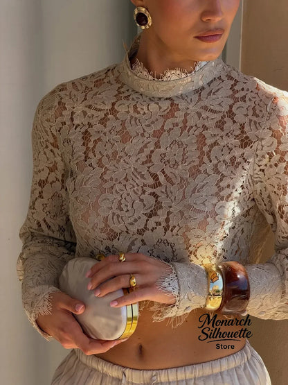 Lace Top Pants 2 Piece Set Women Chic Solid Half High Collar Cropped Back Split Long Pant Suit 2026 Lady Daily Street Outfit New