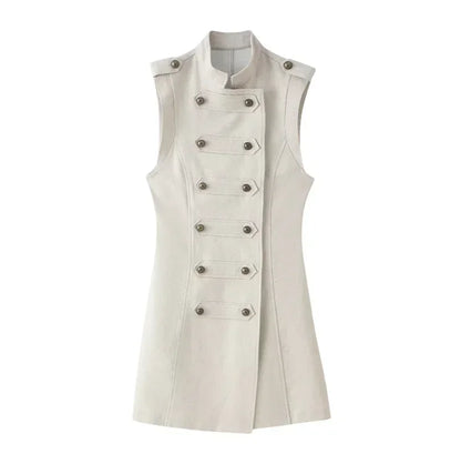 Women Stand Collar Double Breasted Mini Dress Sleeveless Elegant Casual Slim Fit Short Robe Lady Office New Dresses 2026 Summer