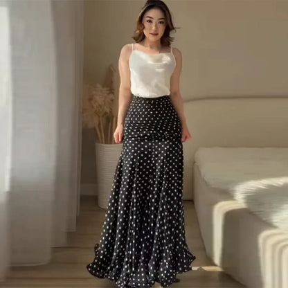 Polka Dot Maxi Skirt High Waist Front Ruched Shirred Detail Flowy Flared Ruffle Hem Mermaid Long Skirt For Beach Vacation