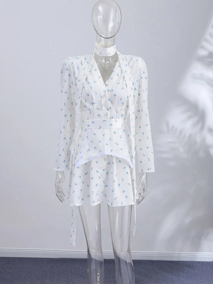 Women Floral Dress Choker Tie Midi Dress Deep V Long Sleeve Belt Waist Club Mini Dress Summer Wear Woman Clothes Daily Outfit