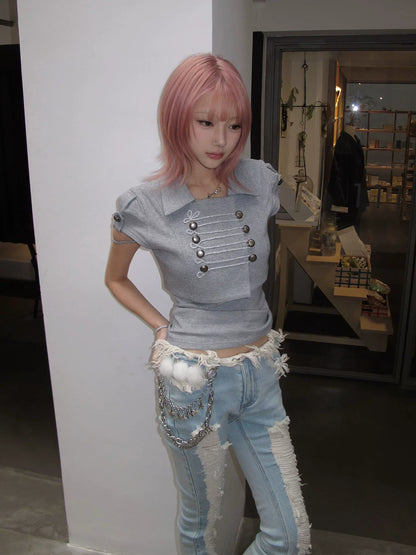 Fashionable American retro Y2K 2026 new Napoleon style short-sleeved lapel shirt t-shirt short-sleeved summer new women's item