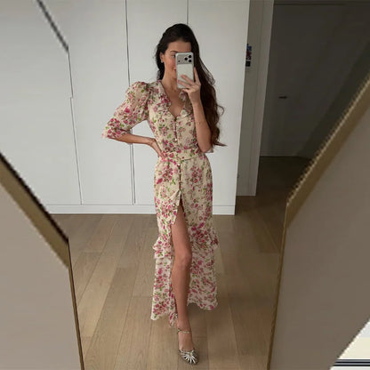 V Neck High Split Half Sleeve Slim Long Dress Print Waist Cinching Ruffle Hem Maxi Robes 2026 Women Party Vacation Vestidos