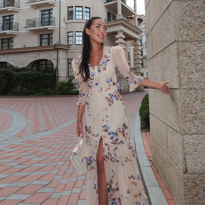 V Neck High Split Half Sleeve Slim Long Dress Print Waist Cinching Ruffle Hem Maxi Robes 2026 Women Party Vacation Vestidos