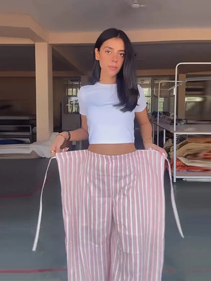 Pants Leg Stripe Women Trousers Adjustable Waist Wrap Loose Summer Floor Length Boho Palazzo Trousers Women Outfit For Women