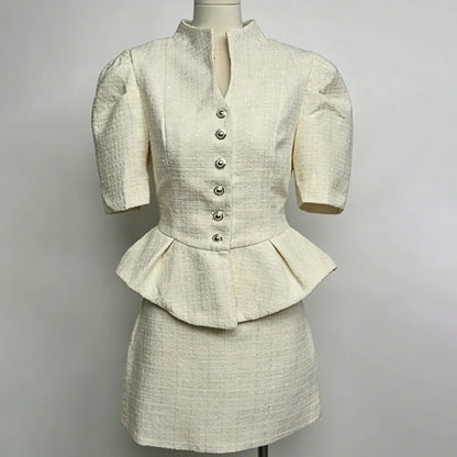 LIMO 2026 New Arrival Pink Tweed 2 Piece Outfit, Women's Elegant Peplum Top with Mini Skirt, Puff Sleeve Formal Suit