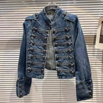 Spring Autumn Vintage Blue Slim Short Jeans Jacket Women Stand Collar Multi-breasted Design Long Sleeve Denim Jacket  Streetwear