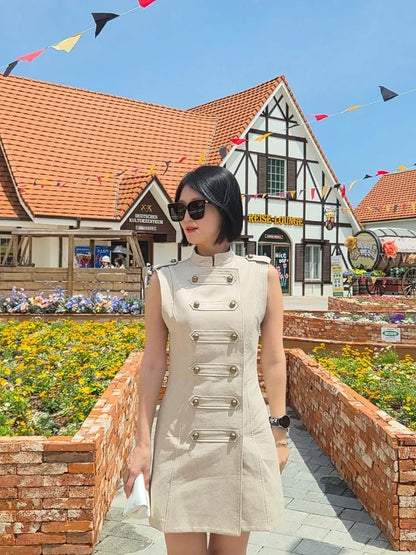 Women Stand Collar Double Breasted Mini Dress Sleeveless Elegant Casual Slim Fit Short Robe Lady Office New Dresses 2026 Summer