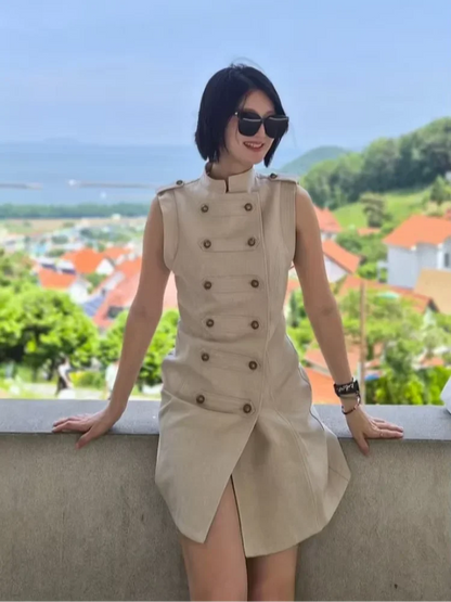 Women Stand Collar Double Breasted Mini Dress Sleeveless Elegant Casual Slim Fit Short Robe Lady Office New Dresses 2026 Summer