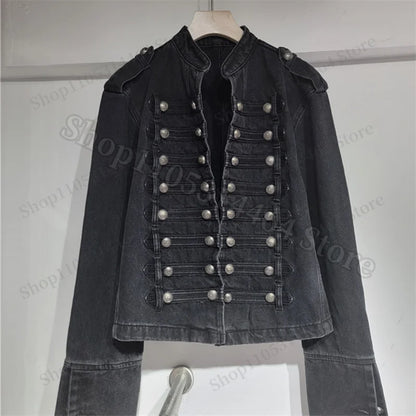 Spring Autumn Vintage Blue Slim Short Jeans Jacket Women Stand Collar Multi-breasted Design Long Sleeve Denim Jacket  Streetwear