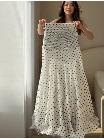 Polka Dot Maxi Skirt High Waist Front Ruched Shirred Detail Flowy Flared Ruffle Hem Mermaid Long Skirt For Beach Vacation