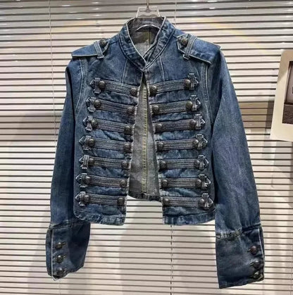 Spring Autumn Vintage Blue Slim Short Jeans Jacket Women Stand Collar Multi-breasted Design Long Sleeve Denim Jacket  Streetwear
