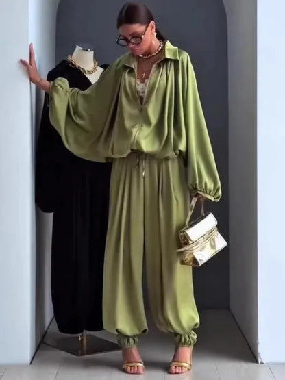 LGRQ Women's Casual Two-piece Set Fashion Lapel Long Sleeved Cardigan Jacket Elastic Waistband Tied Pants 2026 Summer 19DB1008