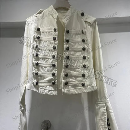 Spring Autumn Vintage Blue Slim Short Jeans Jacket Women Stand Collar Multi-breasted Design Long Sleeve Denim Jacket  Streetwear