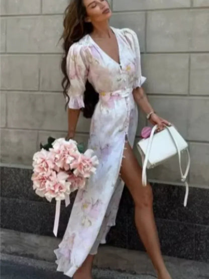 Flutter Sleeves Slim Long Dress Women Casual Pleated Deep V-neck Floral Print High Waist Dresses 2026 Lady Summer Holiday Wear